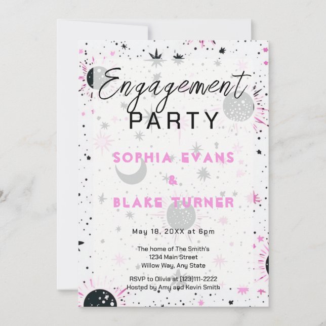 Invitation Mariage Céleste Noir et Rose Engagement Party (Devant)