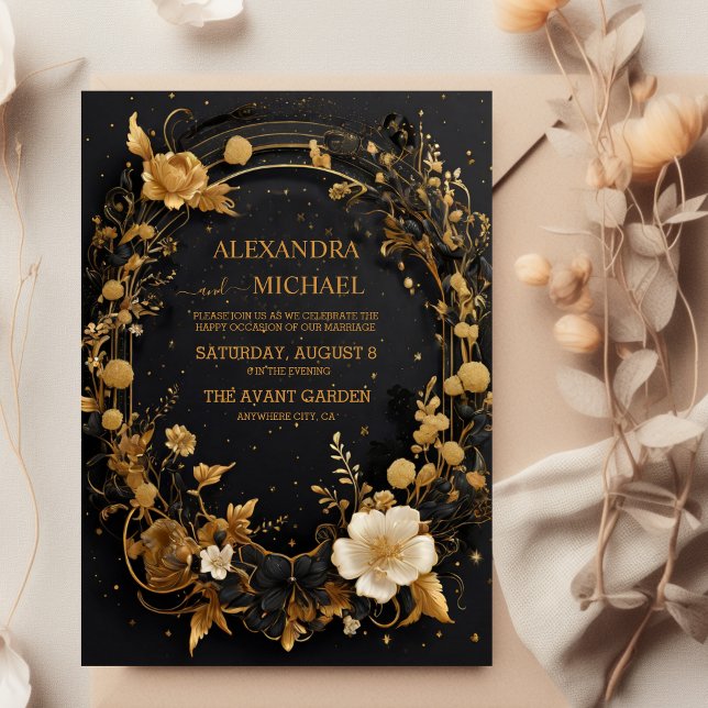 Invitation Mariage céleste noir or soleil lune mystique (Créateur téléchargé)