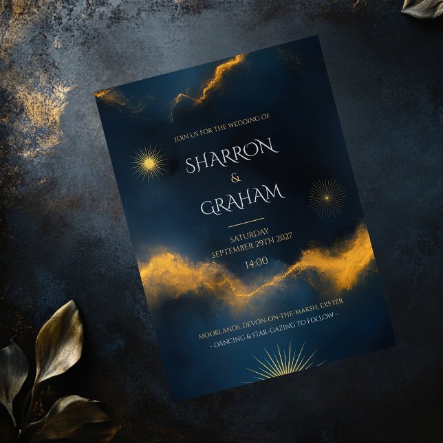 Invitation Mariage céleste - Nuit étoilée bleue de minuit (Celebrate your love story with a wedding invitation that captures the magic of the universe. )