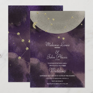 Invitation Mariage Céleste Or Pourpre Constellation Lunaire