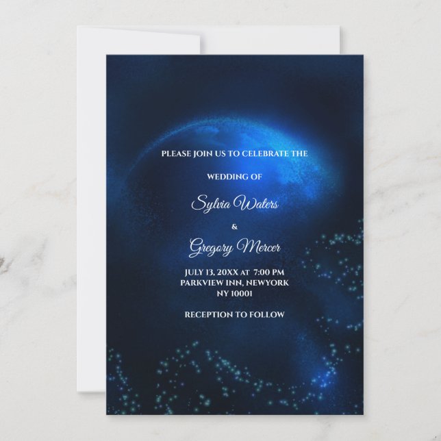 Invitation Mariage céleste Pleine lune et étoiles Bleu de min (Devant)