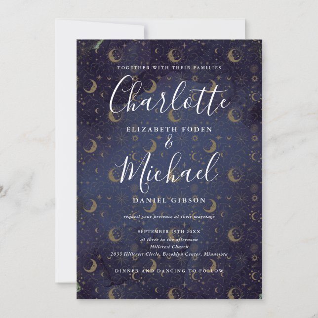 Invitation Mariage Céleste Simple Lune Et Étoiles Tout En Un (Devant)