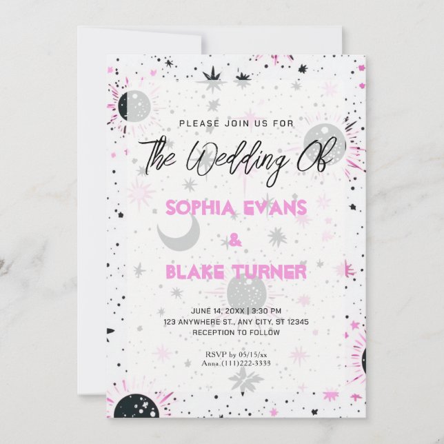Invitation Mariage Céleste Soleil Lune Étoiles Noir et Rose (Devant)