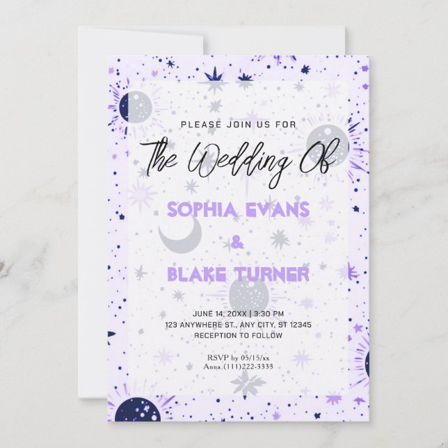 Invitation Mariage Céleste Soleil Lune Étoiles Noir et Violet (Devant)