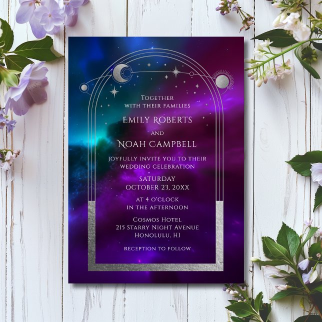 Invitation Mariage céleste Soleil Lune Étoiles Violet Turquoi (Créateur téléchargé)