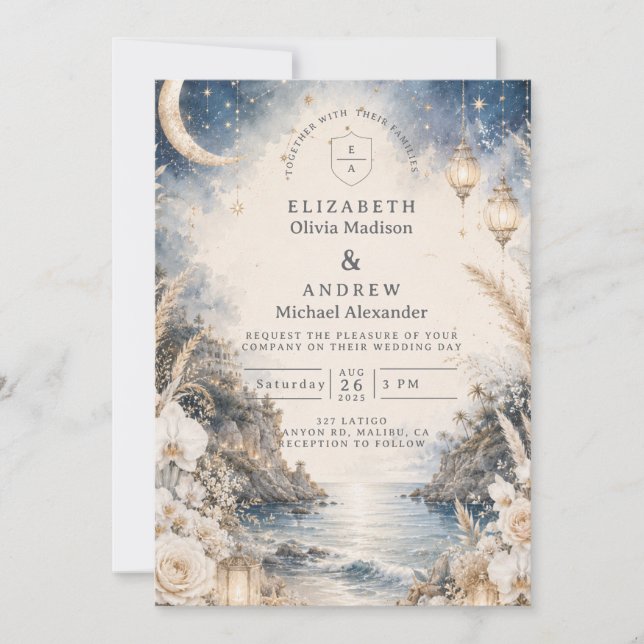 Invitation Mariage Céleste sur une Plage Éthérée (Devant)