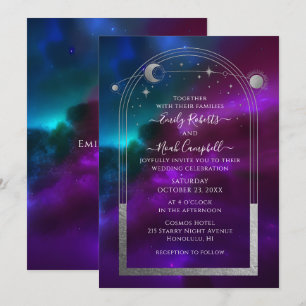 Invitation Mariage céleste Violet Turquoise Soleil Lune Étoil