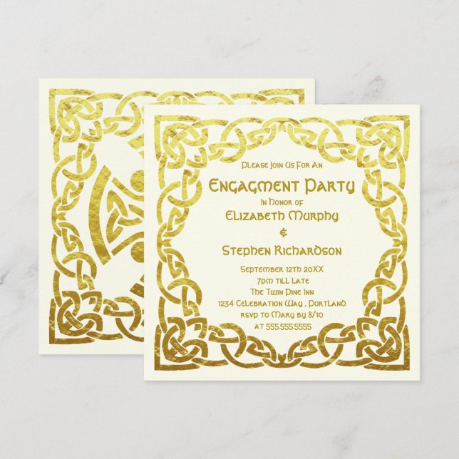 Invitation Mariage celtique élégant  Or | Fête de fiançailles (Devant / Derrière)
