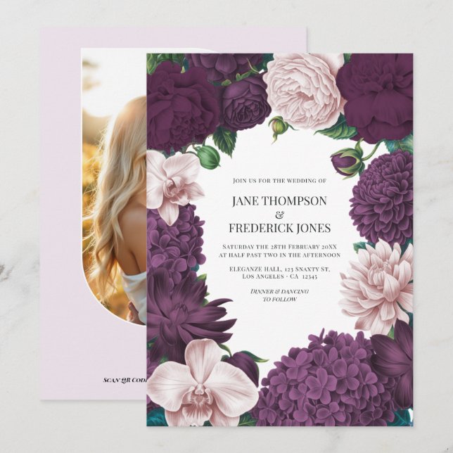 Invitation Mariage Cendre de Mûre, Prune Fumée et Lilas (Devant / Derrière)