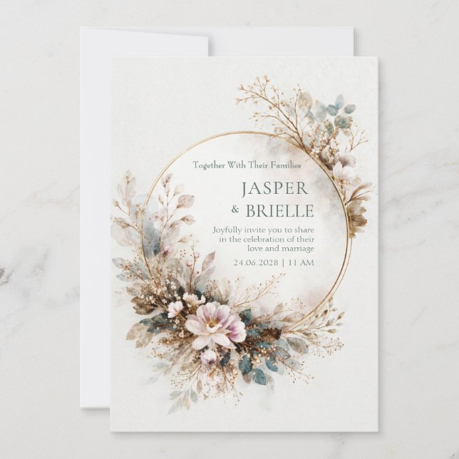 Invitation Mariage Cercle Doré Aquarelle Sarcelle Atténuée (Devant)