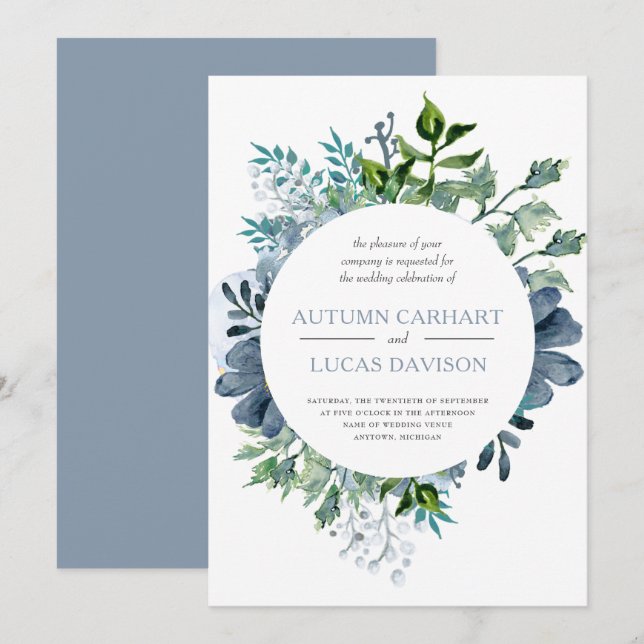Invitation Mariage Cercle Floral Aquarelle Bleu Poussiéreux (Devant / Derrière)