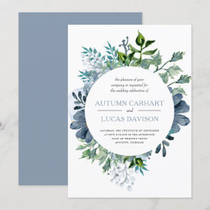Invitation Mariage Cercle Floral Aquarelle Bleu Poussiéreux
