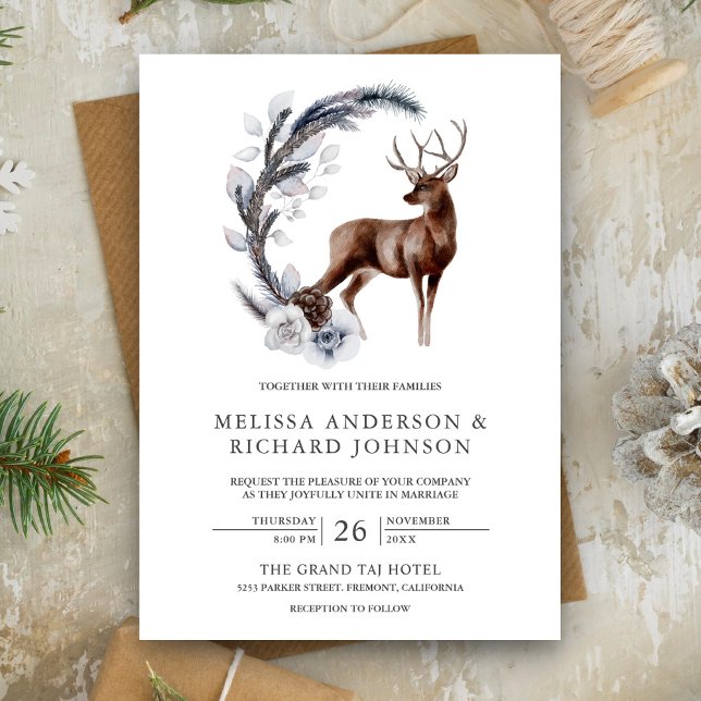 Invitation Mariage Cerf Forêt Feuilles de Pin Givrées Rustiqu (Créateur téléchargé)
