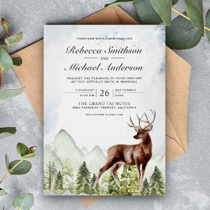 Invitation Mariage Cerf Forêt Montagne Aquarelle Rustique