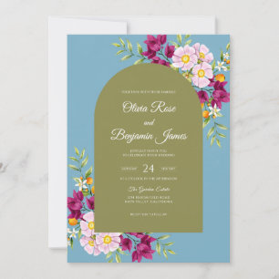Invitation Mariage Cerulean Magenta Zinnia Eucalyptus