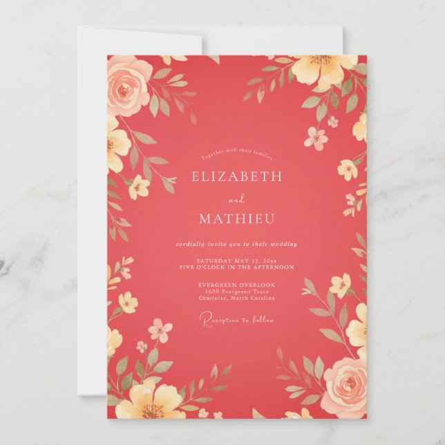 Invitation Mariage chaleureux aux feuilles de corail (Devant)