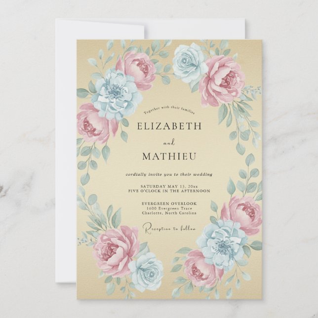 Invitation Mariage Champagne Aqua Blossom (Devant)