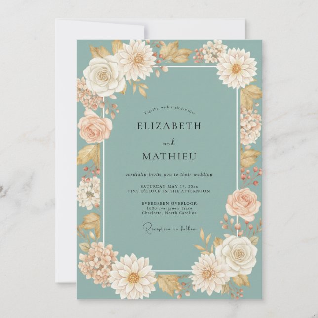 Invitation Mariage Champagne Aqua Dahlia (Devant)