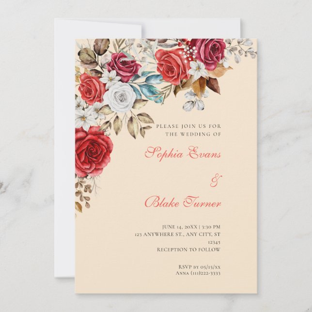 Invitation Mariage Champagne aux Roses Rouges et Blanches Élé (Devant)