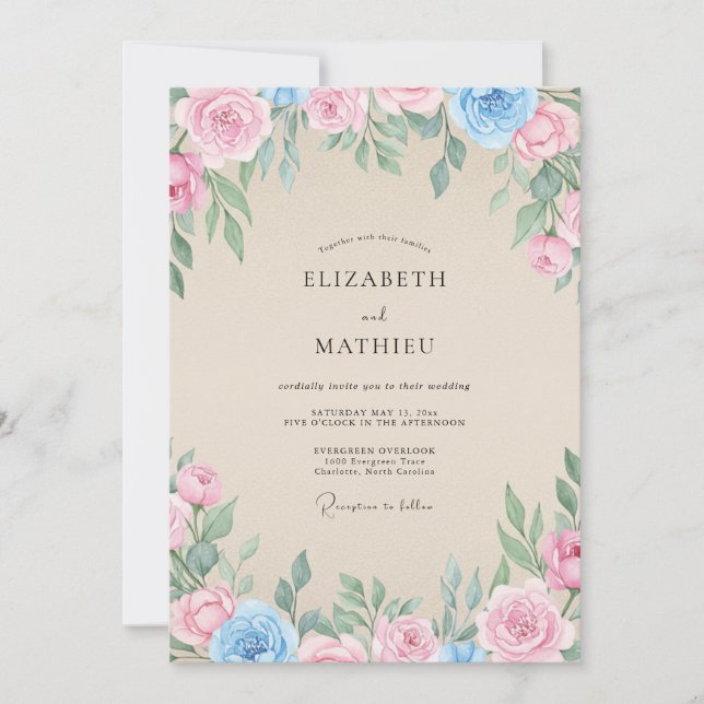Invitation Mariage Champagne Azur Feuillage Eucalyptus (Devant)