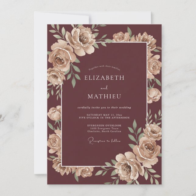 Invitation Mariage Champagne Bordeaux Pétales (Devant)