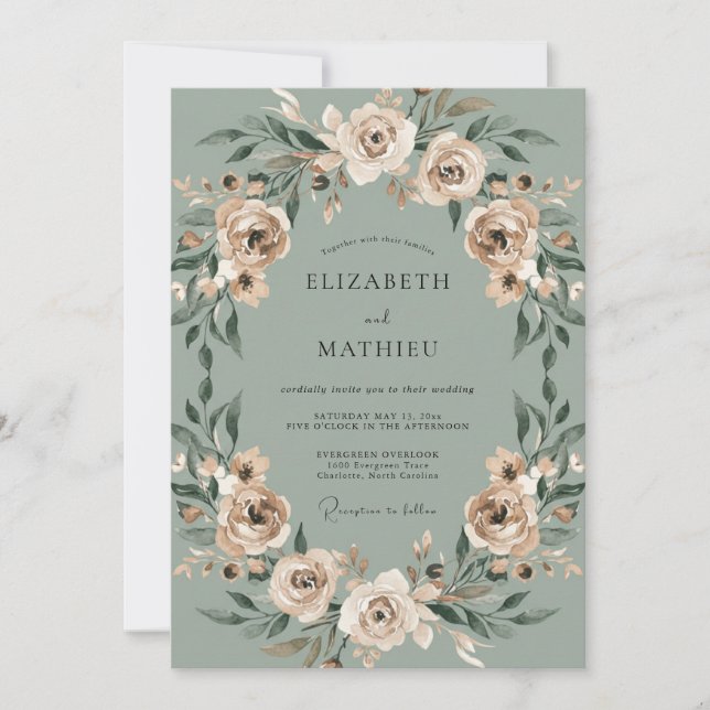 Invitation Mariage Champagne Céladon Feuillage Eucalyptus (Devant)