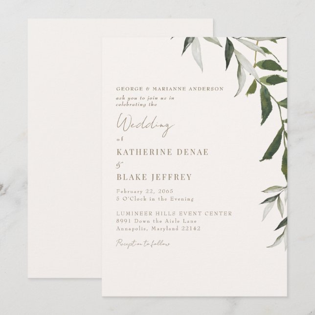 Invitation Mariage Champagne Clair Vert Doré Texte (Devant / Derrière)