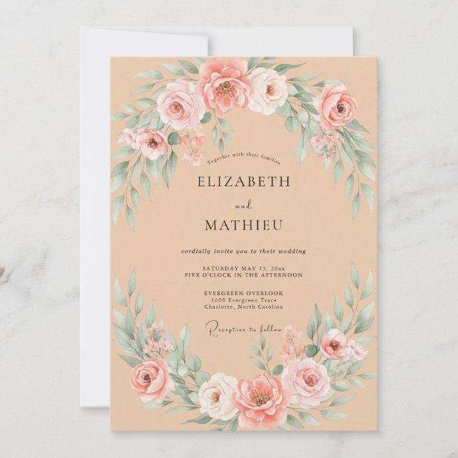Invitation Mariage Champagne Corail Ranunculus Eucalyptus (Devant)
