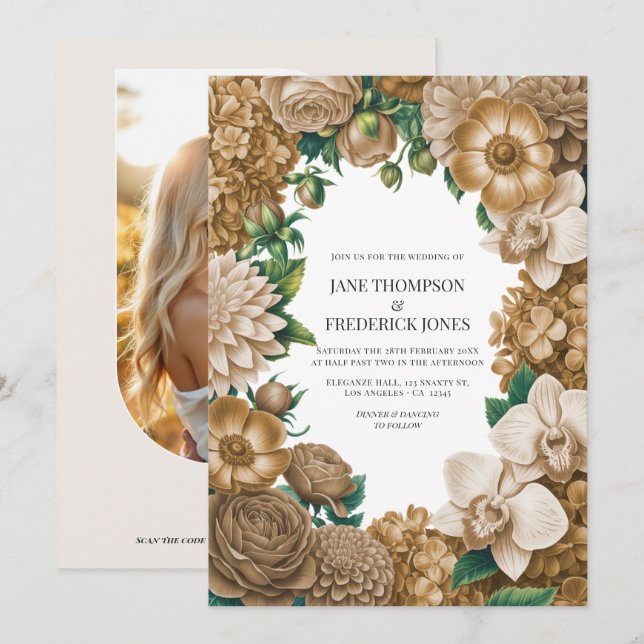 Invitation Mariage Champagne Dust, Blé Doré et Lin Mocha (Devant / Derrière)