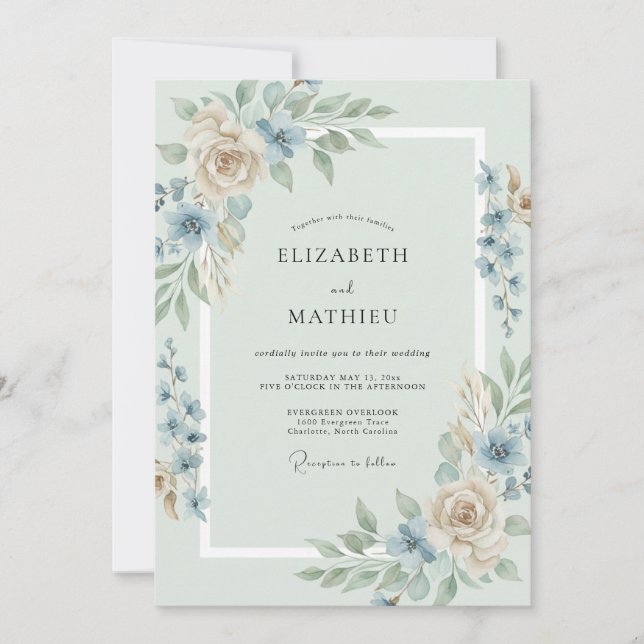 Invitation Mariage Champagne et Feuille d'Acier (Devant)
