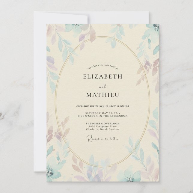 Invitation Mariage Champagne Eucalyptus à Feuillage Mauve (Devant)