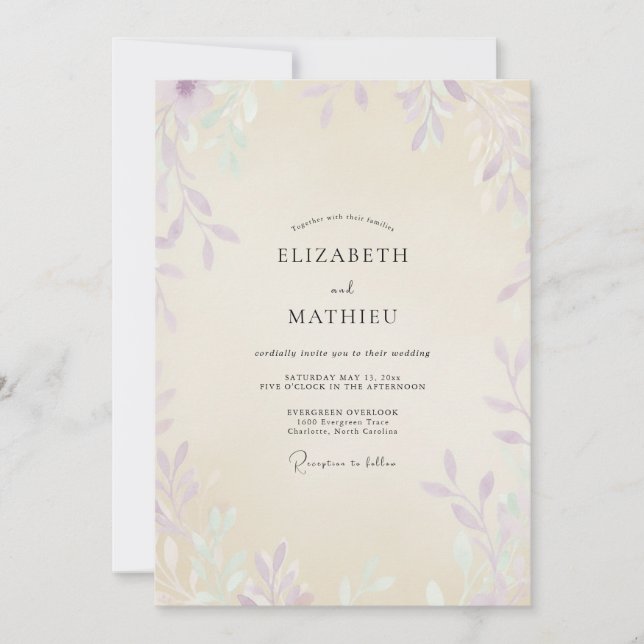 Invitation Mariage Champagne Eucalyptus Feuillage Violet (Devant)