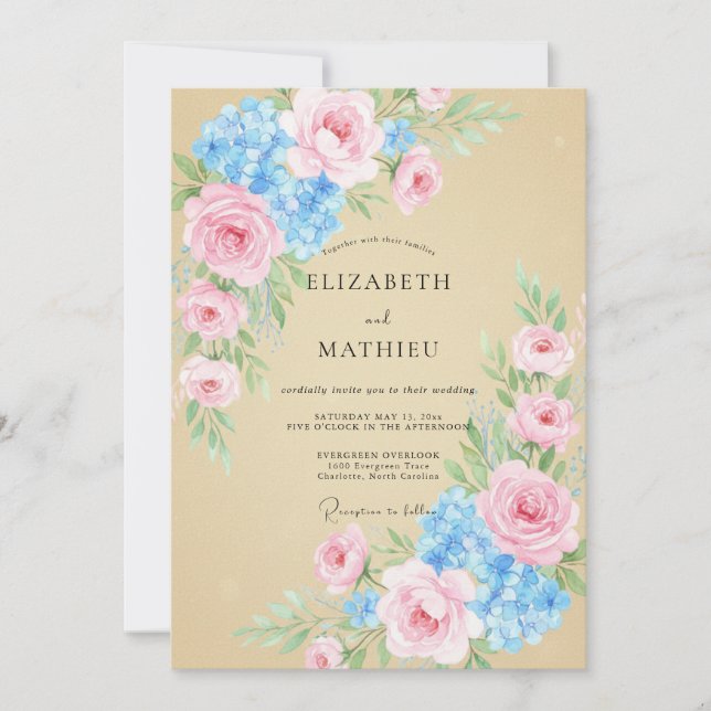 Invitation Mariage Champagne Eucalyptus Hydrangea Ciel (Devant)