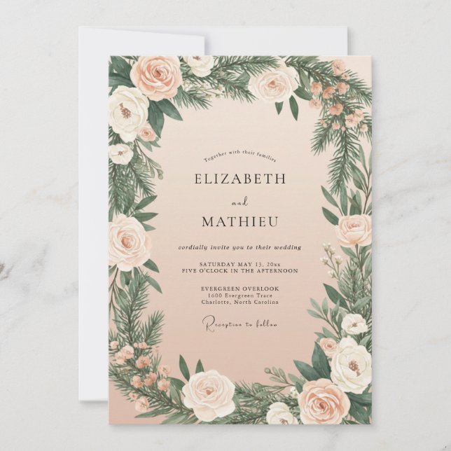 Invitation Mariage Champagne Feuillage de Pin Eucalyptus (Devant)