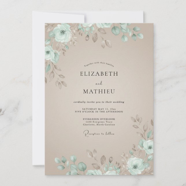Invitation Mariage Champagne Feuillage Mousse de Mer Eucalypt (Devant)