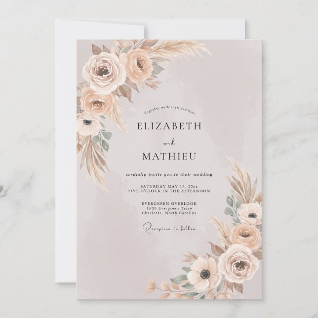 Invitation Mariage Champagne Feuillage Pampas Eucalyptus (Devant)
