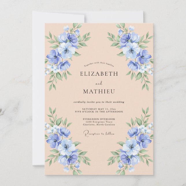 Invitation Mariage Champagne Fleur de Bleuet Côté Mer (Devant)