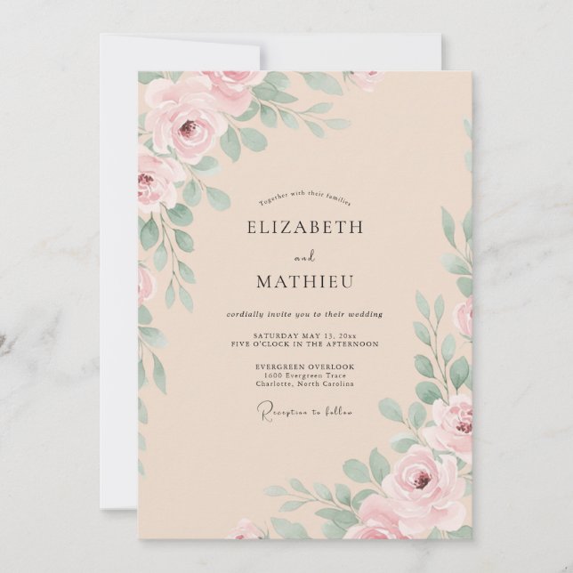 Invitation Mariage Champagne Foliage Eucalyptus Rose Tendre (Devant)
