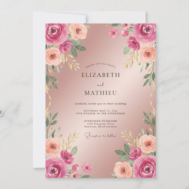 Invitation Mariage Champagne Fuchsia Ranunculus Eucalyptus (Devant)