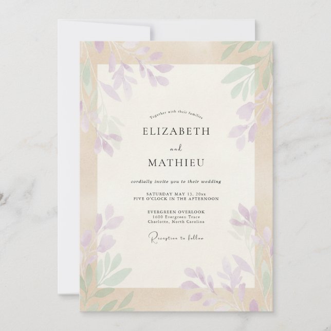 Invitation Mariage Champagne Lilas Feuillage Doux Eucalyptus (Devant)