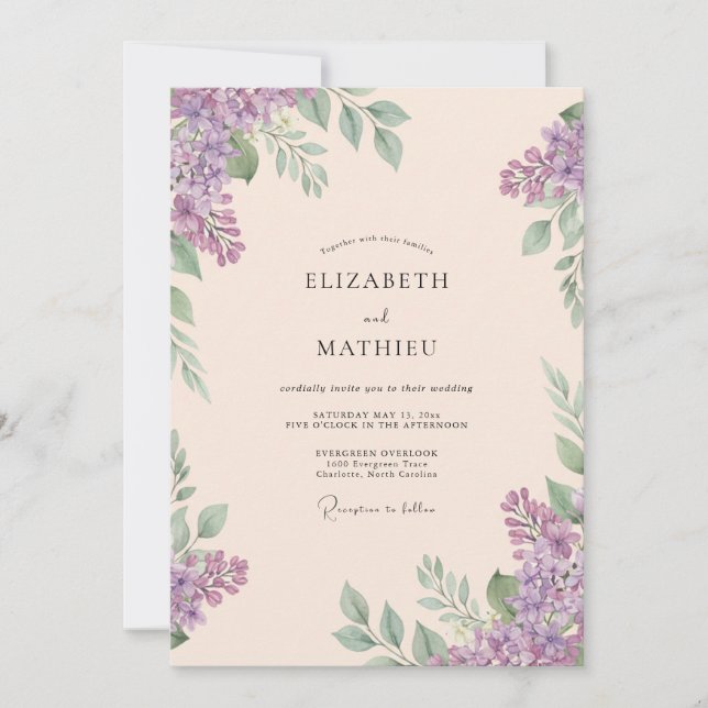 Invitation Mariage Champagne Lilas Feuillage Eucalyptus (Devant)