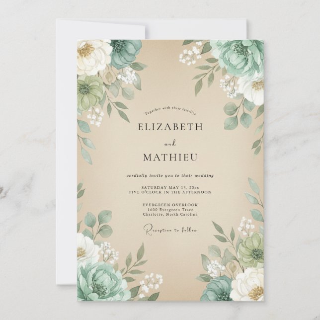Invitation Mariage Champagne Menthe Feuillage Eucalyptus (Devant)