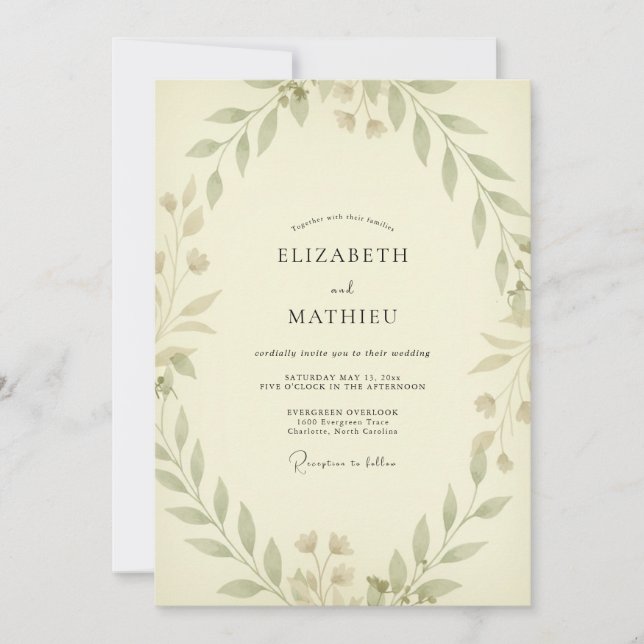 Invitation Mariage Champagne Olive Feuillage Eucalyptus Pouss (Devant)