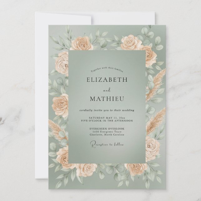 Invitation Mariage Champagne Pampas Eucalyptus Gris (Devant)