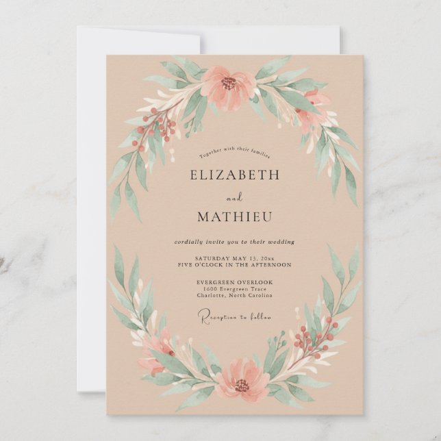 Invitation Mariage Champagne Pêche Foliage Eucalyptus (Devant)