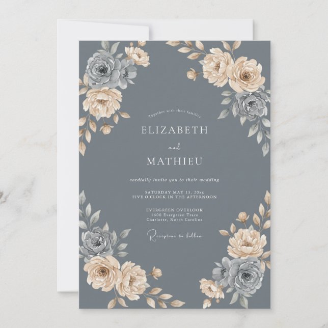 Invitation Mariage Champagne Pétale Ardoise (Devant)