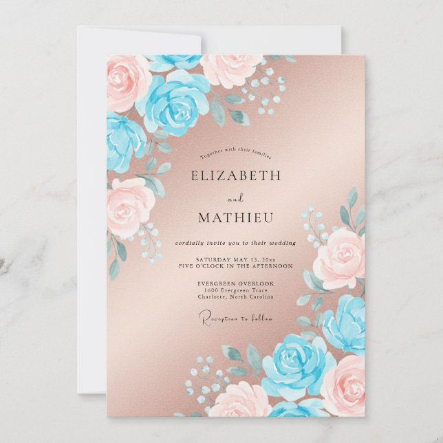 Invitation Mariage Champagne Pétale Céruléen (Devant)