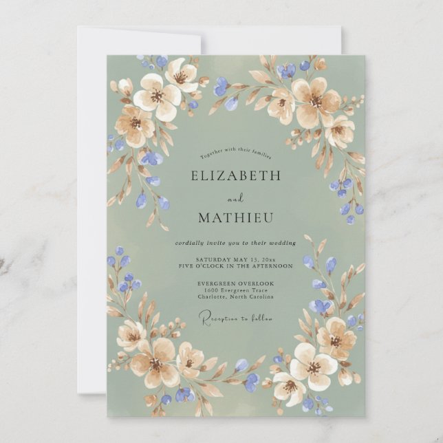 Invitation Mariage Champagne Pivoine Pervenche (Devant)
