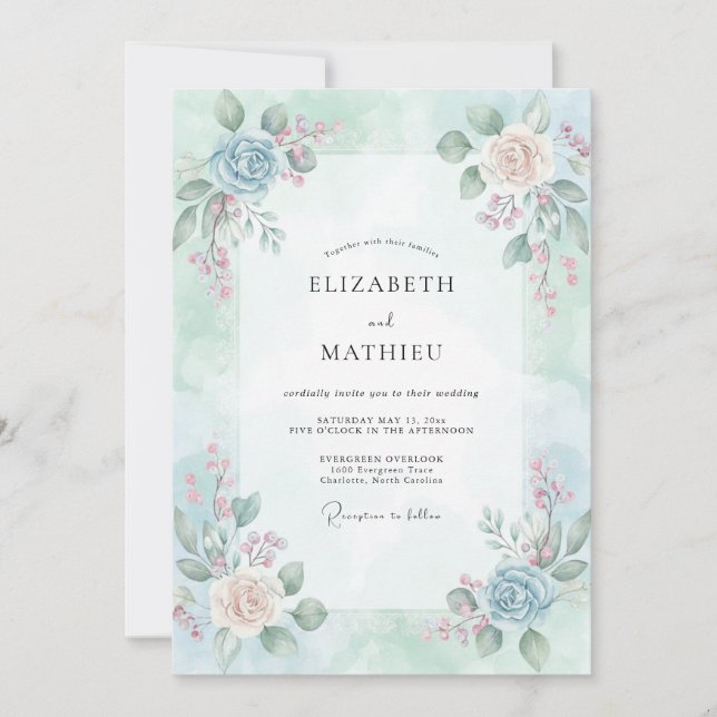 Invitation Mariage Champagné Ranunculus Eucalyptus Ciel (Devant)