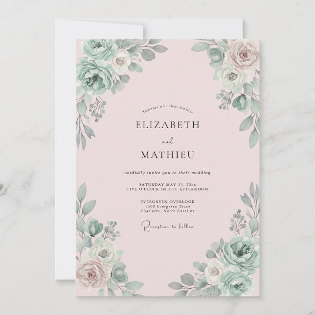 Invitation Mariage Champagne Sauge Feuillage Eucalyptus (Devant)